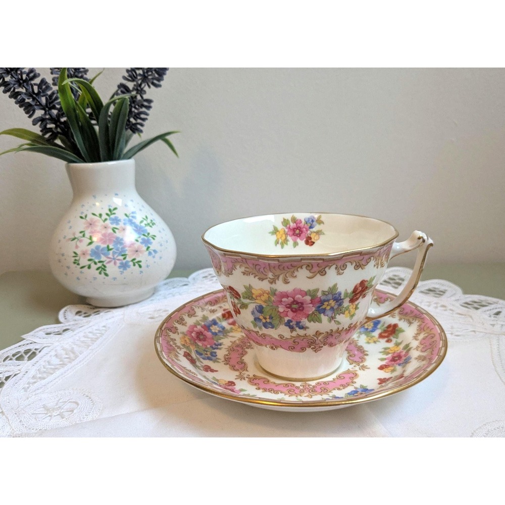 Vintage Old Royal China Teacup Saucer, Floral Pink Gold‎ Tea Set, English Bone